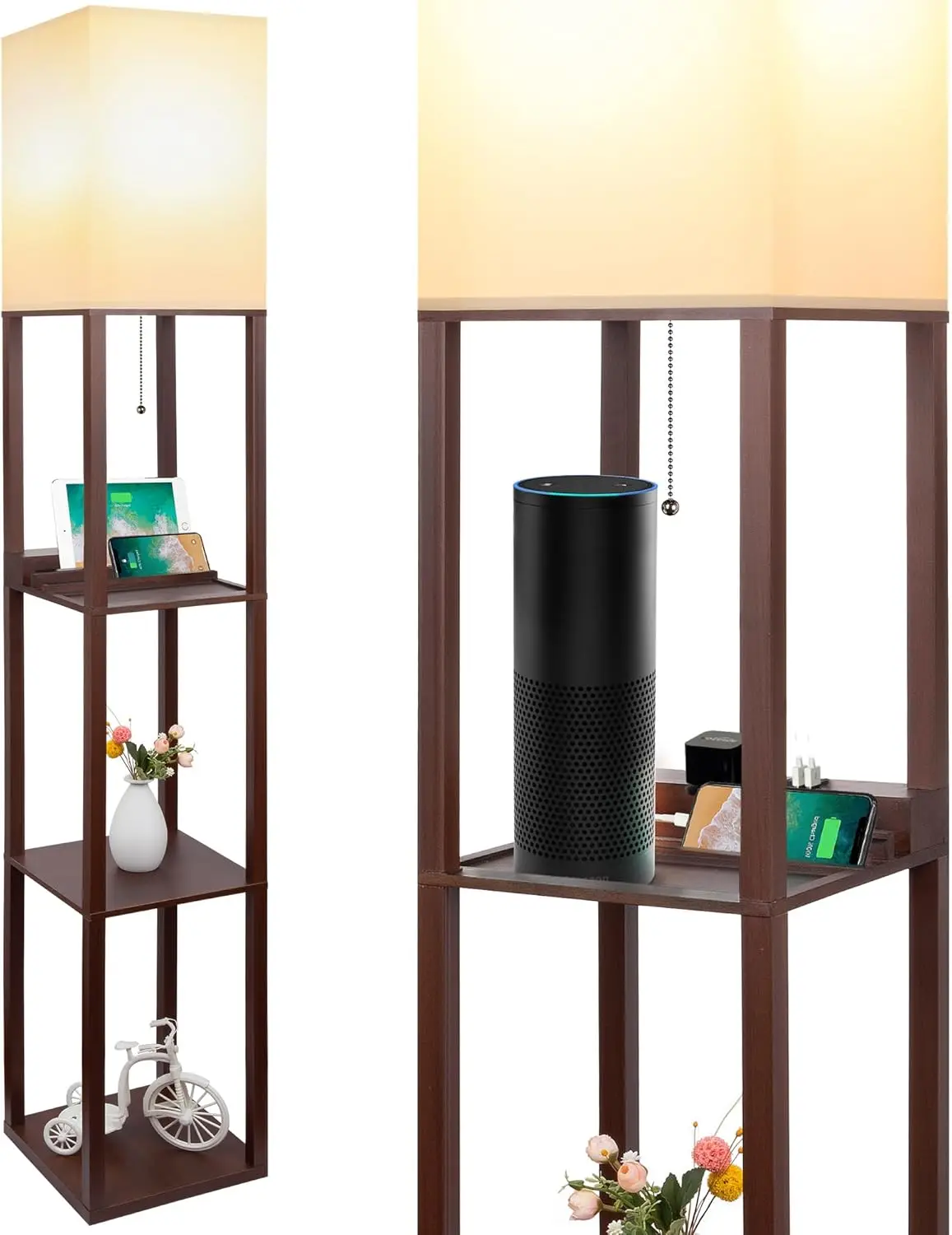 3-in-1 Shelf Floor Lamp with 1 USB Ports & 1 Type C Port & 1 Power Outlet, 3-Tiered Shelf Lamp, Modern Standing Light