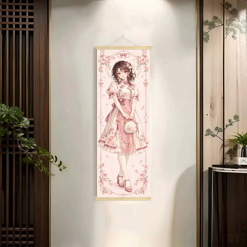 Anime Women in Lavender, Gold, Pink and Mint Dresses Hanging Scroll with Intricate Floral Borders for a Cozy Reading Nook