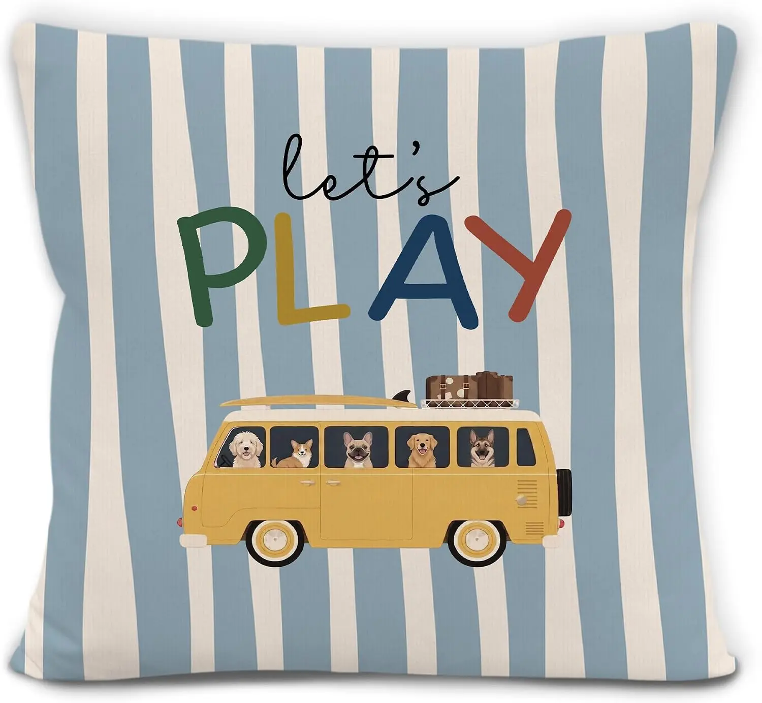 Let's Play Dog Bus Pillowcase, Cute Puppy Van Art, Blue Stripe Kids Room Cushion Cover, Cartoon Pet Lover Home Decor Gift