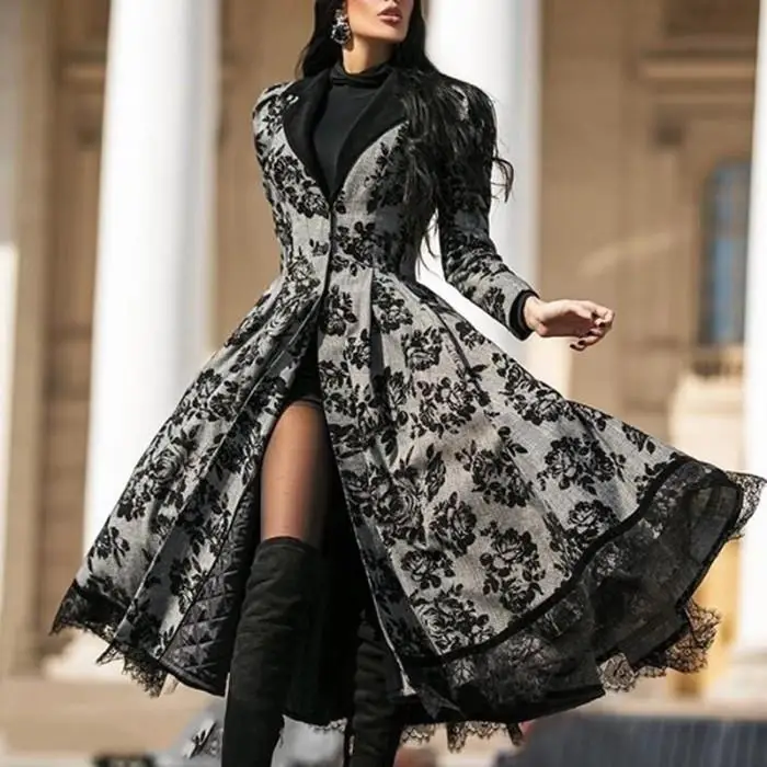 Autumn Winter Plaid Lace Splicing Jacket plus Size Vintage Long Version Waist Cinched Flared Skirt Style Women's Coat