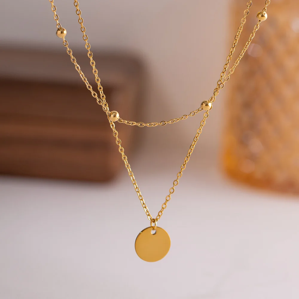 New European Women\'s Necklaces Double-layers Gold Color Short Chain Round Piece Pendants Clavicular Chain Fashion Jewelry colar