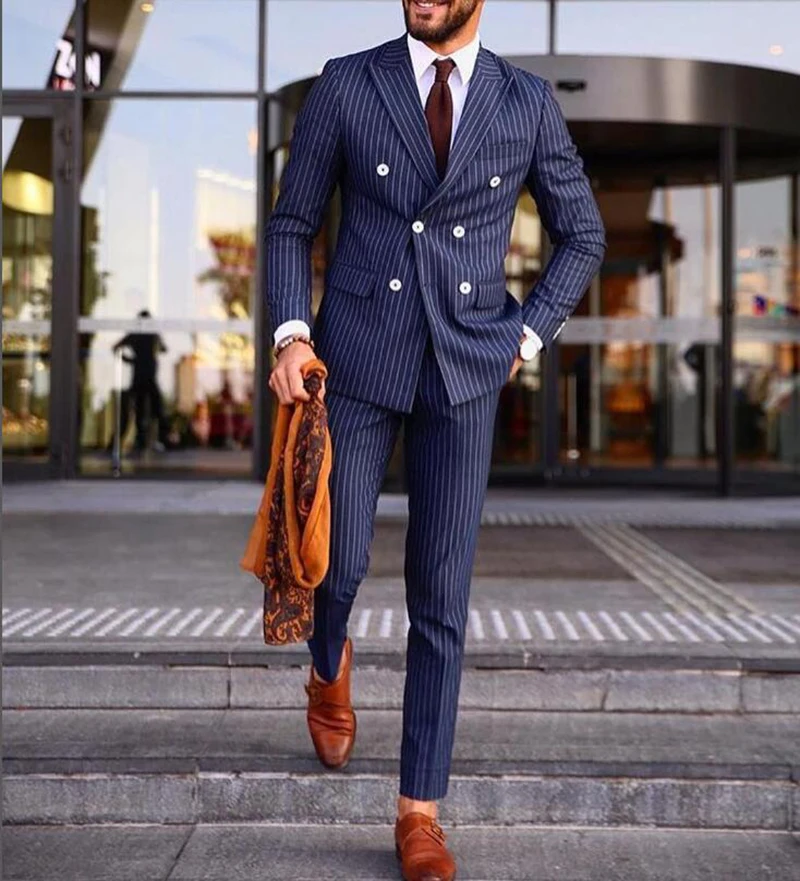 

2025 Men's Suits 2 Pieces Striped Suit Double Breasted Suits For Wedding Groom Groomsmen High-End Business Casual Man Clothing