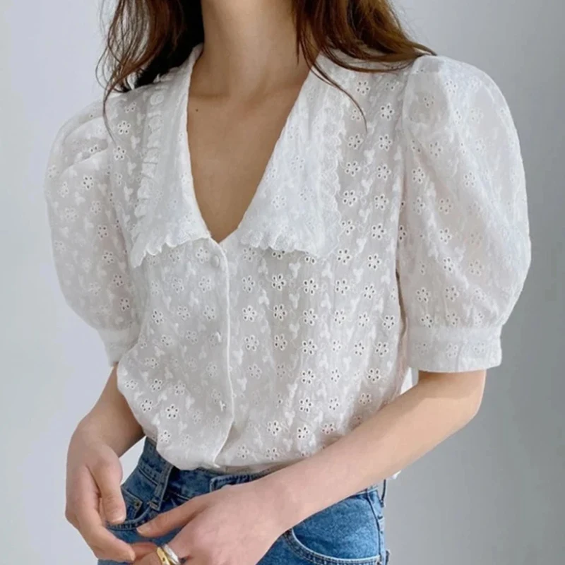 

Fashion Elegant Women Puff Short Sleeve Lace Blouse New Summer Cute White Casual Hollow Shirt Korean Peter Pan Collar Loose Tops