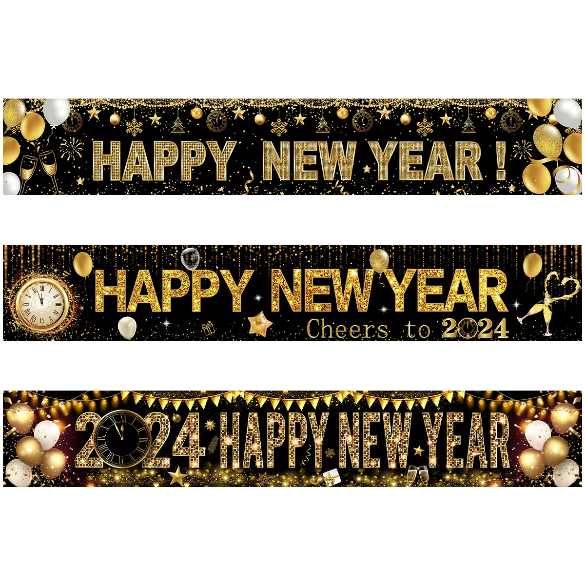 2024 Happy New Year Outdoor Banner Black Gold Flags New Year Party Decorations Balloon Clock Champagne Photography Background