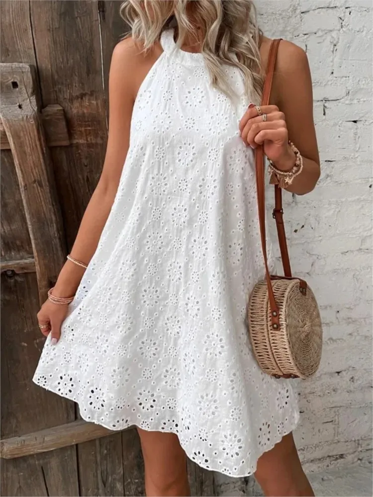 

Women's Sexy Hollow Lace Solid Sleeveless Button Halter Mini Dress Summer Fashion Loose Beach Bohemian Party Dresses Vestidos