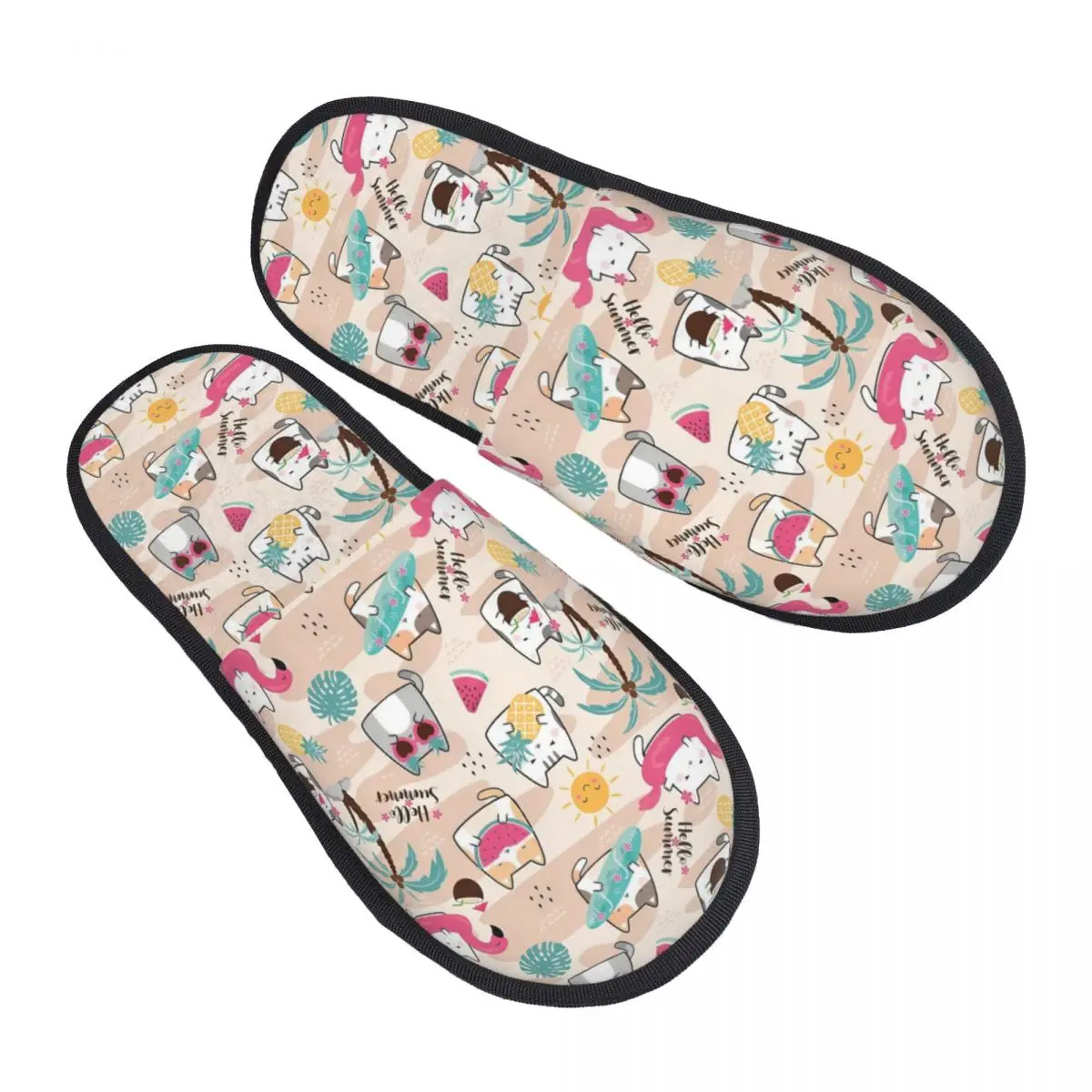 Custom Print Women Summertime Cats Hello Summer Sand House Slippers Soft Warm Memory Foam Fluffy Slipper Indoor Outdoor Shoes