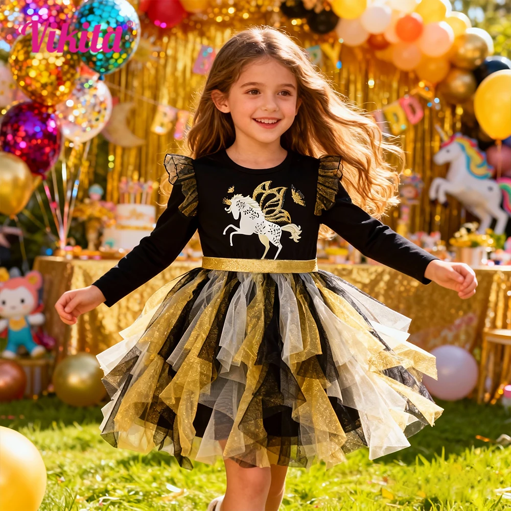 VIKITA Mädchen Langarm Frühling Herbst Gold Glitzer Einhorn Druck Kleider Kinder Unregelmäßig Geschichteten Tüll Mesh Prinzessin Tutu Kleid