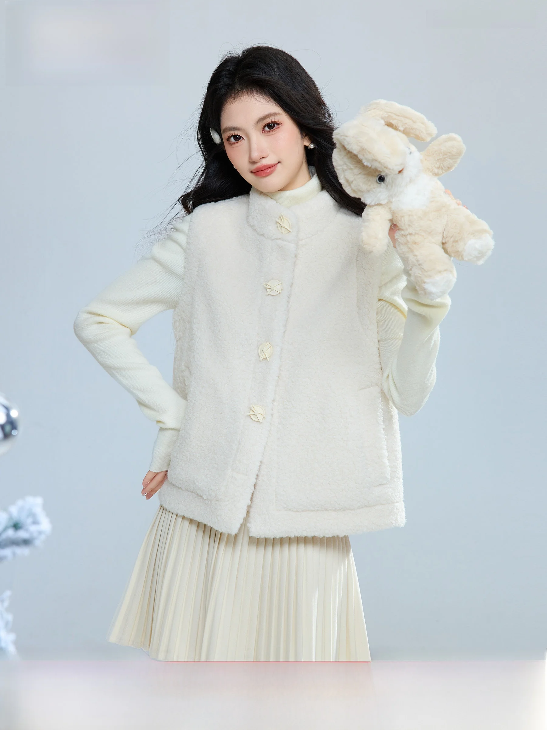 

Warm Lamb Velvet Vest Zipper Fem Autumn Winter New Sle Small Size Thermal Outerwear round Ne Commute Sle Polyester