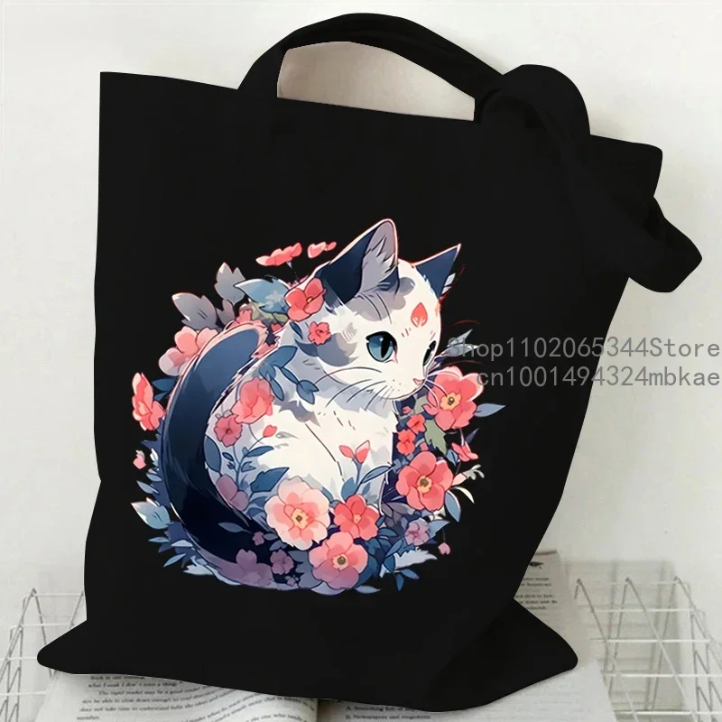 Borse tote in tela Borsa a tracolla da donna con gatti acquerello Borsa per la spesa di design con gattini a fiori carini Borsa per animali in stile