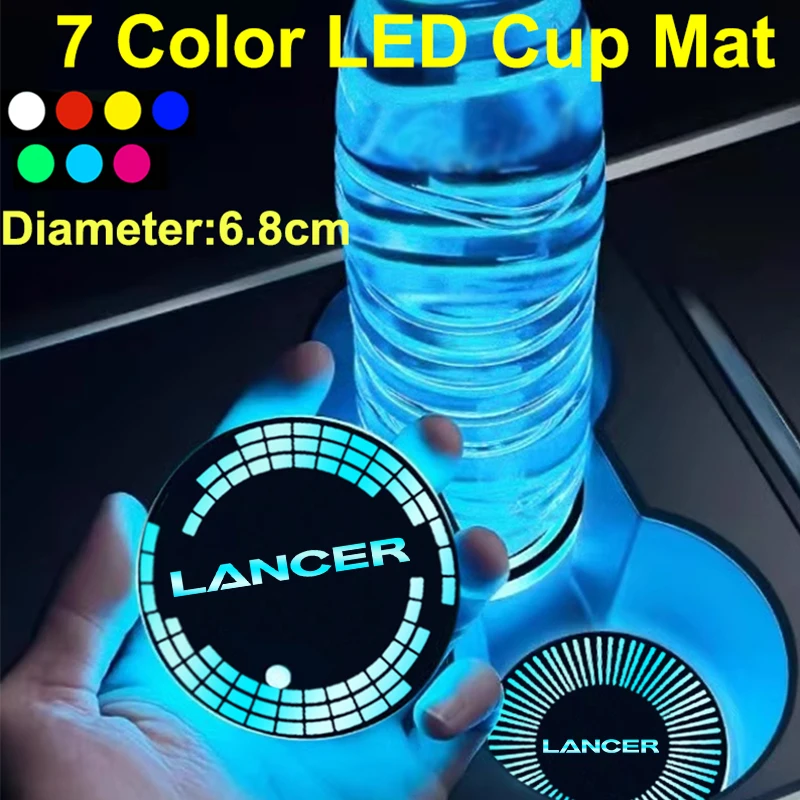 7 Colors Car Water Coaster Drinks Holder Decoration for Mitsubishi Lancer Logo Luminous Cup Mat Pad LED Atmosphere Light Styling