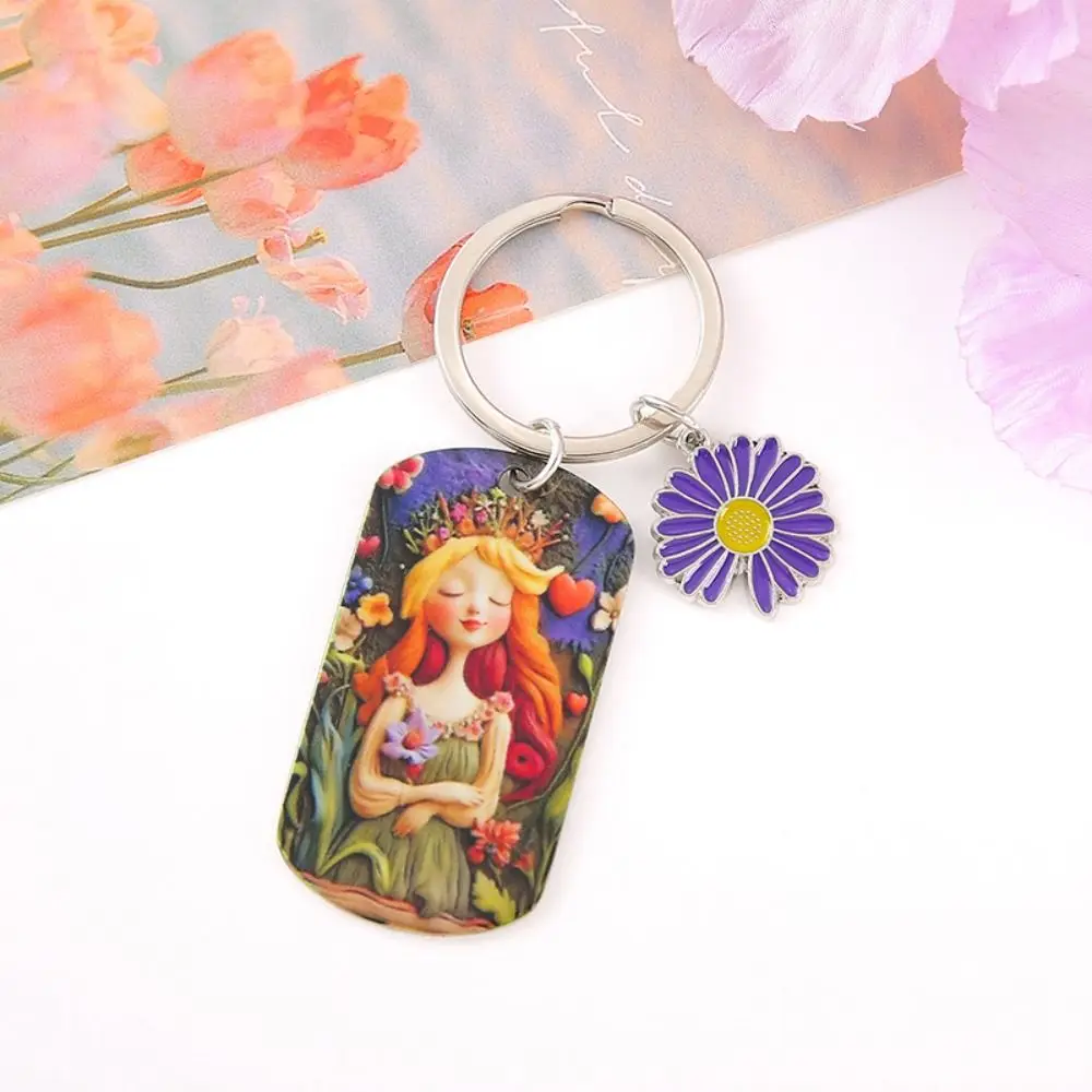 Sunflower Girl Stainless Steel Keychain Oil Painting Girl Metal Bag Decorations Stainless Steel Born in The Sun Bag Pendant