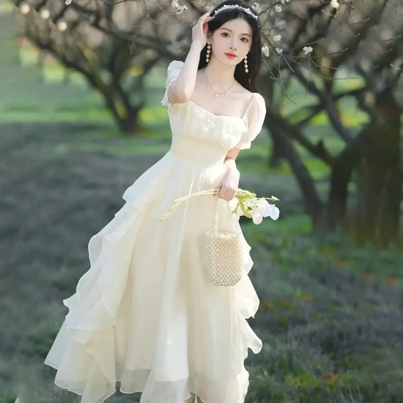 

French Vintage Sweet Dress Women's Fashion Slimming Fairy Ruffled Bohemian Dresses 2024 Summer New Beach Dress
