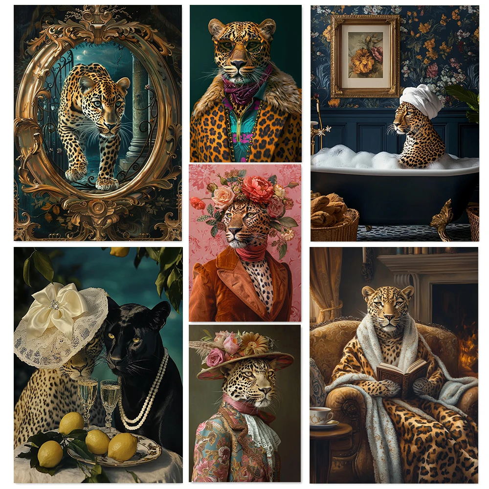 Colorful flowery Animal Portraits Cheetah Retro Posters Prints Canvas Painting Wall Picture Living Room Home Decor