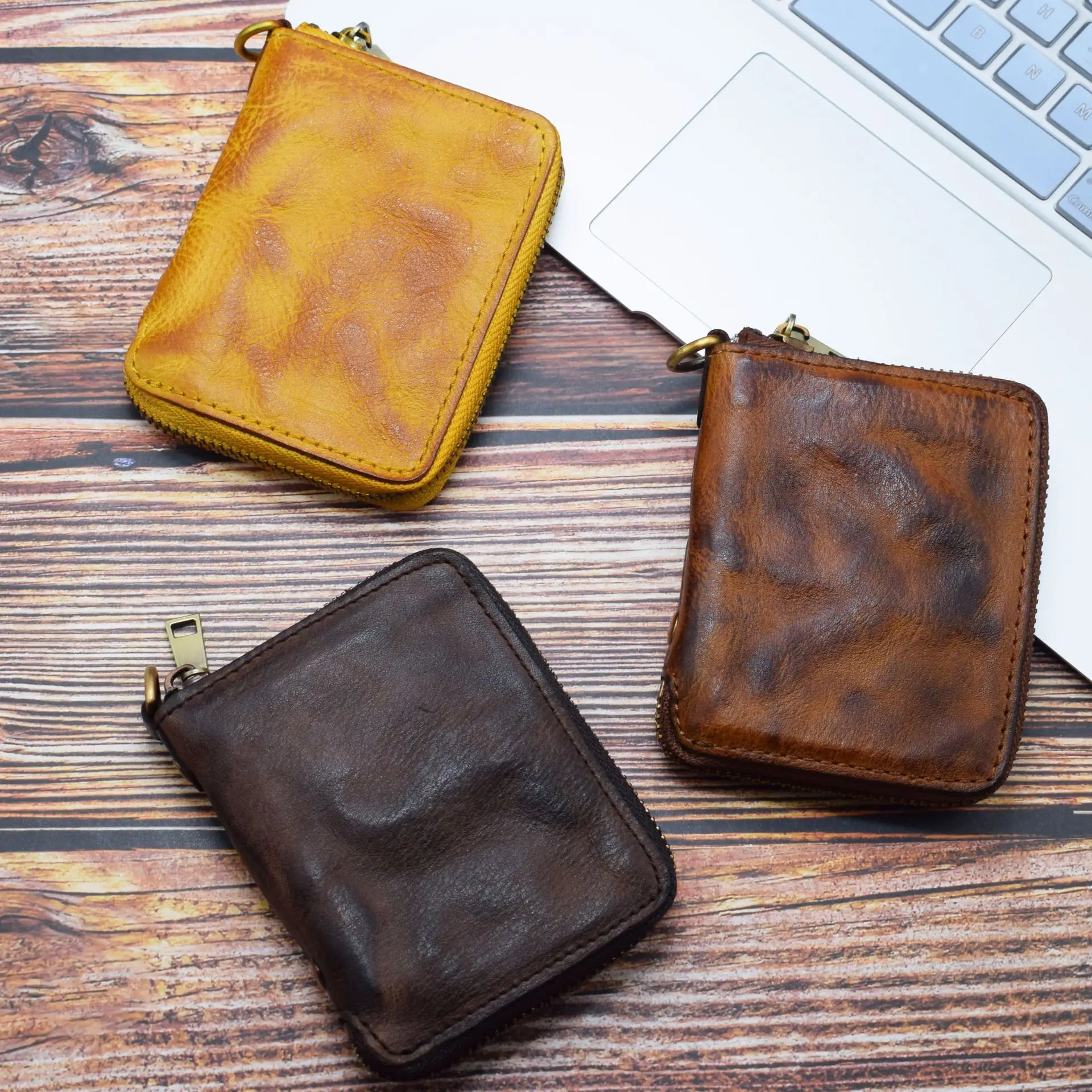Japanese Men's Retro Short Zipper Wallet Multi-functional Vegetable Tanned Leather Wallet Vertical Wallet Tide Coin Purse