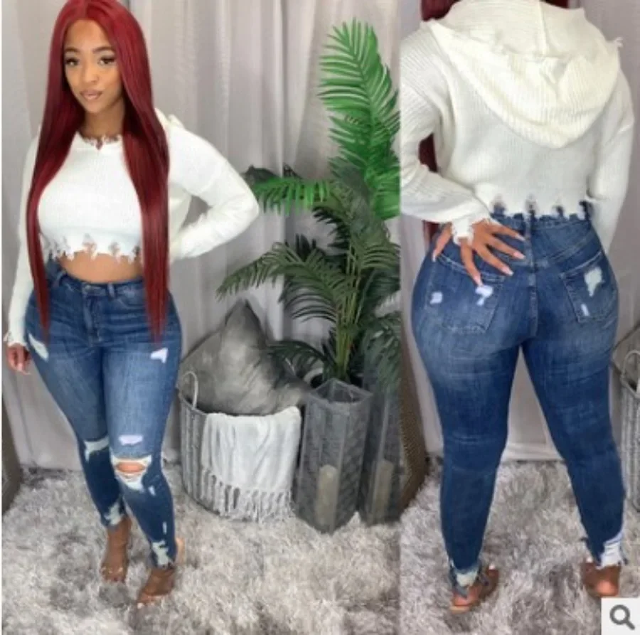 Denim Pencil Pants Women Jeans Hole Ripped High Waist Washed Distressed Vintage Skinny Ankle Length Trousers Streetwear