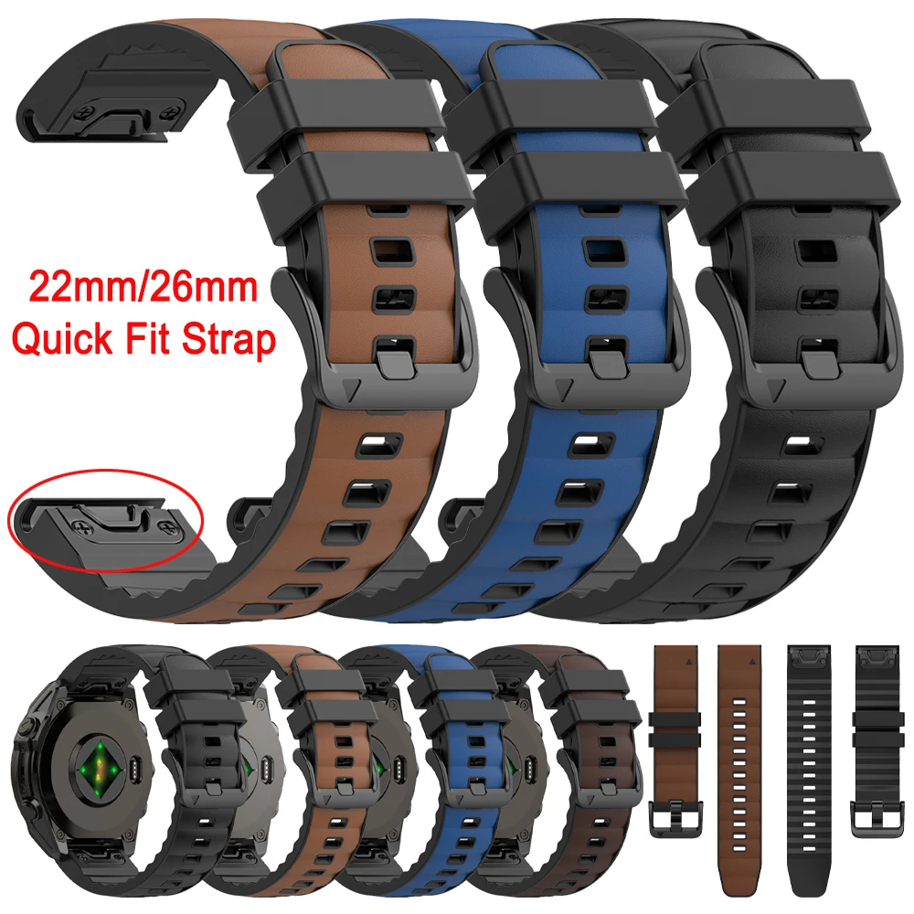 Quick Fit 22mm 26mm Leather+Silicone WatchBand For Garmin Fenix 8 Pro E 7X 7 Solar 5X 5 Plus 6X 6/Tactix 8/Instinct 3/Epix Strap