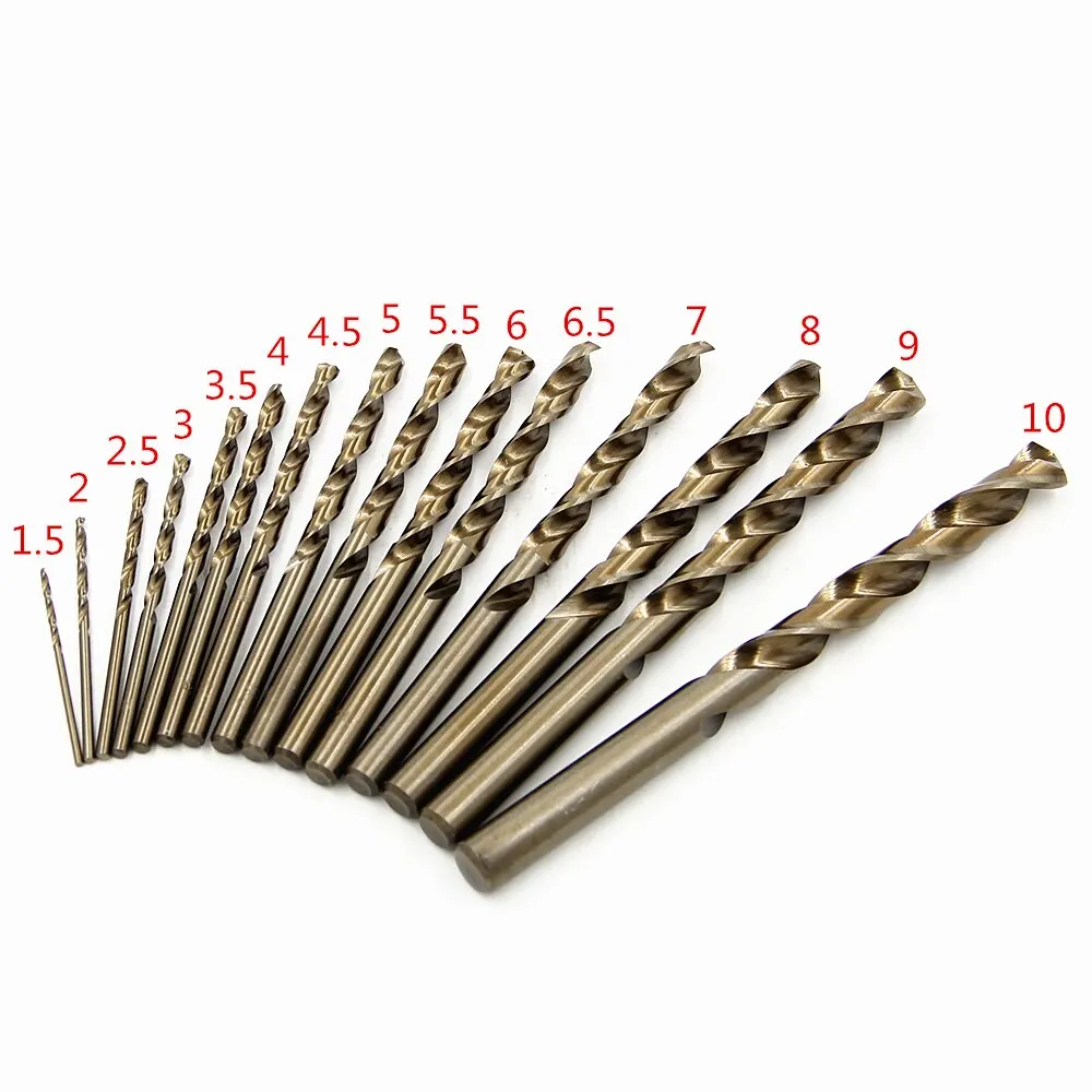 15-teiliges M35 Kobalt-Bohrer-Set, gelb geröstet, gerader Schaft, Spiralbohrer 1,5-10mm, Hochgeschwindigkeitsstahl, vollständig geschliffen, Lochöffnungswerkzeug-Set