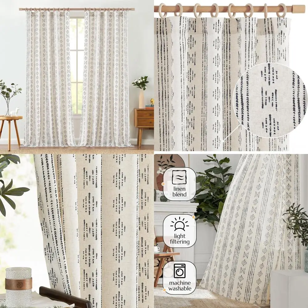 ستائر بوهو من مزيج الكتان، 108 طراز المزرعة السوداء، تصفية إضاءة ذات لوحتين لغرفة المعيشة وغرفة النوم وتصميم الجيب