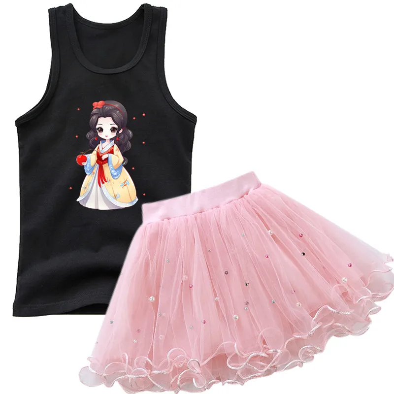 Girls Camera Flower Sleeveless T-shirt Outfits Baby Kids Cute Princess Tank Top +TUTU Skirt 2pcs kids party clothing Set