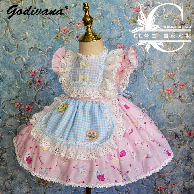 Sweet Baby Girls Spanish Cute Cartoon Print Pink Lolita Princess Dress Kids New Summer Lace Trim Bow Birthday Party Ball Gown