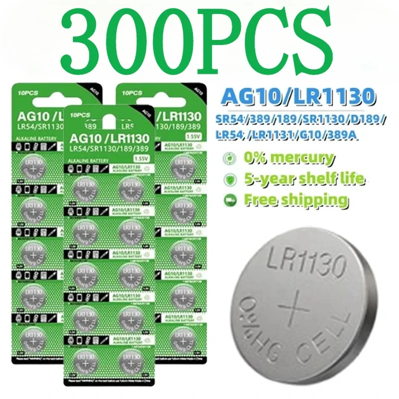 

300PCS AG10 LR1130 SR54 389 189 SR1130 D189 LR54 Button Batteries G10A SR1130SW Cell Coin Watch Toys Remote Battery1.55V