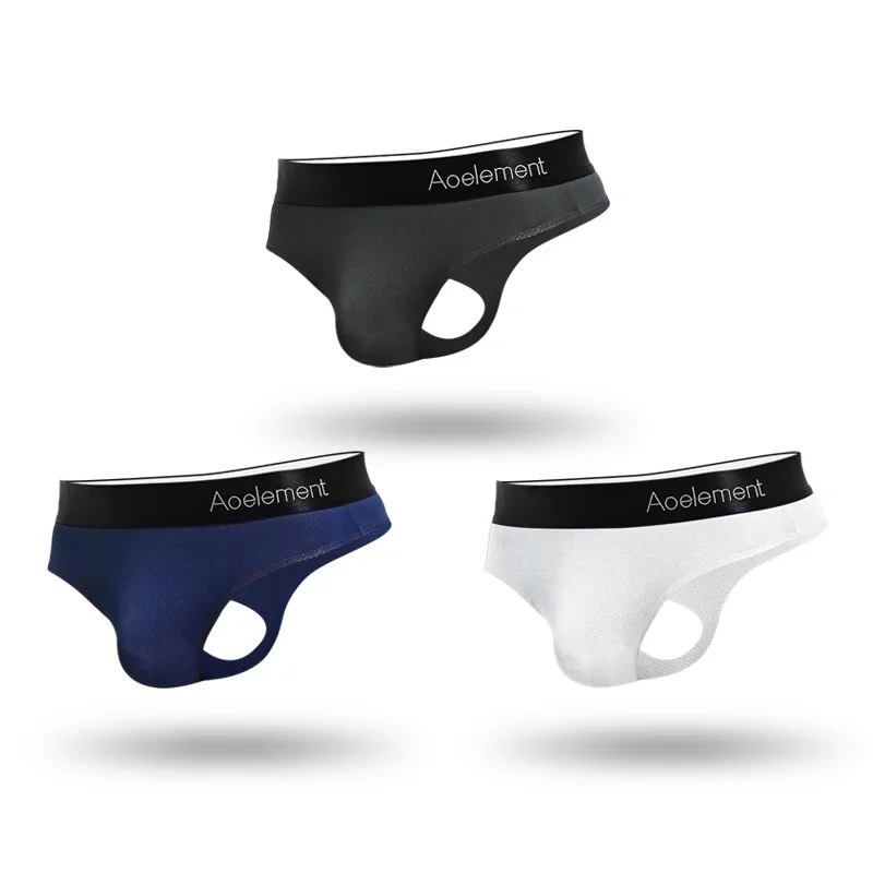 3PCS Men's low-rise solid color U-convex elastic tight ice silk sexy T-shirt, smooth and revealing buttocks breathable thong