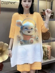 Knitted Rhinestone Shorts Set Female 2023 Summer New Printed Gradient Cartoon Rabbit Hollow round Neck Top Shorts Two-Piece Set