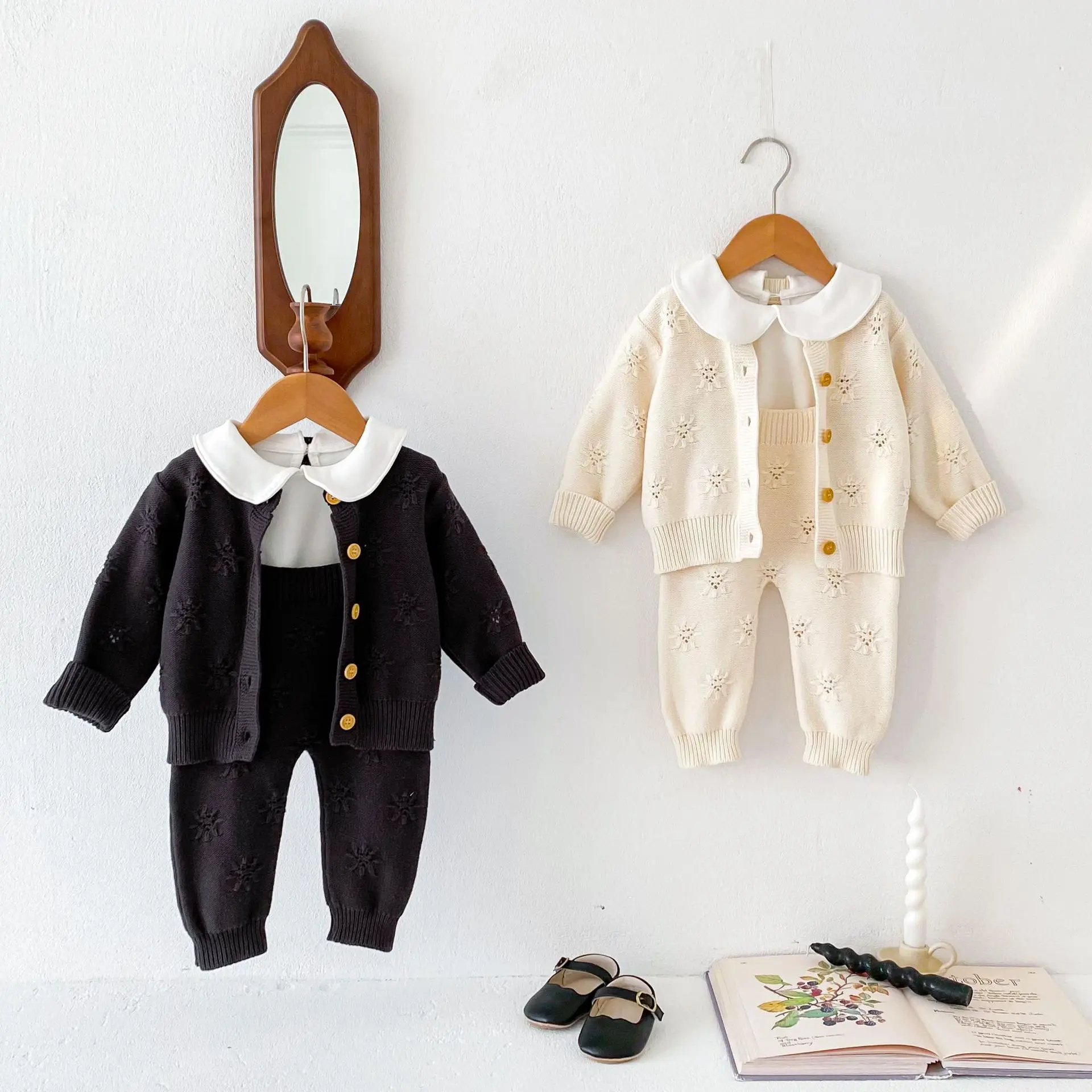 Infant Toddler Boy 2024 Spring 2PCS Knitwear Set Cotton Knitted Versatile Woolen Sweater Solid External Wear Shoulder Straps Set