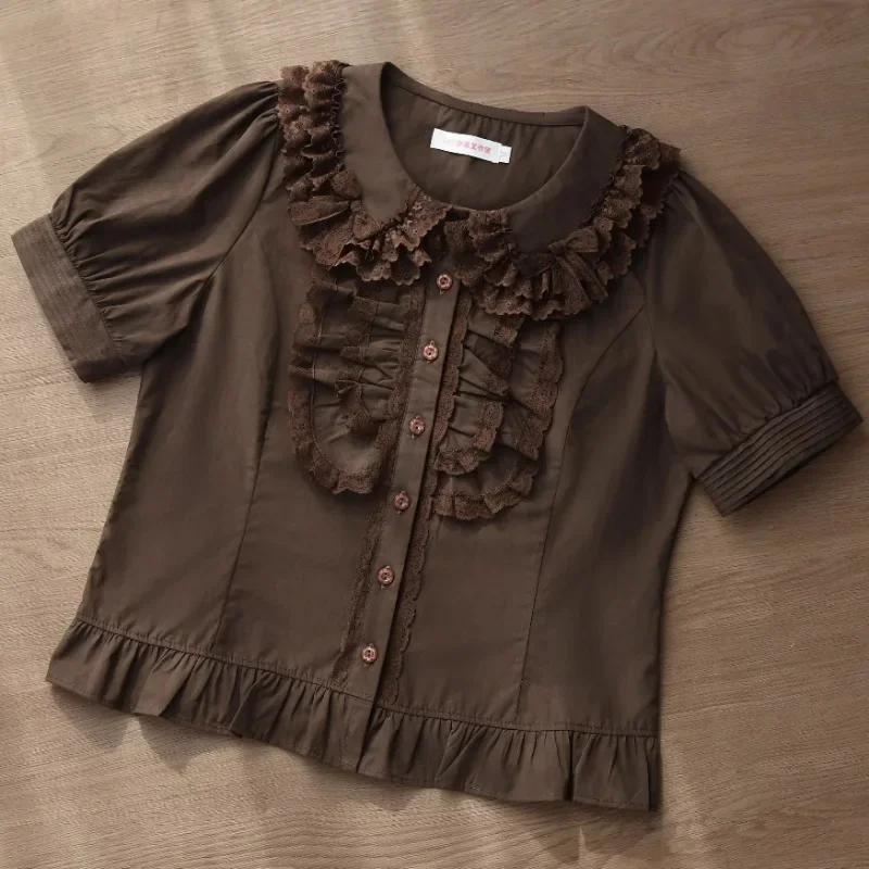 

Peter Pan Collar Women Kawaii Lace Blouses Vintage Victorian Lolita Style Shirts Japanese Sweet Elegant Puff Sleeve Blusas Mujer