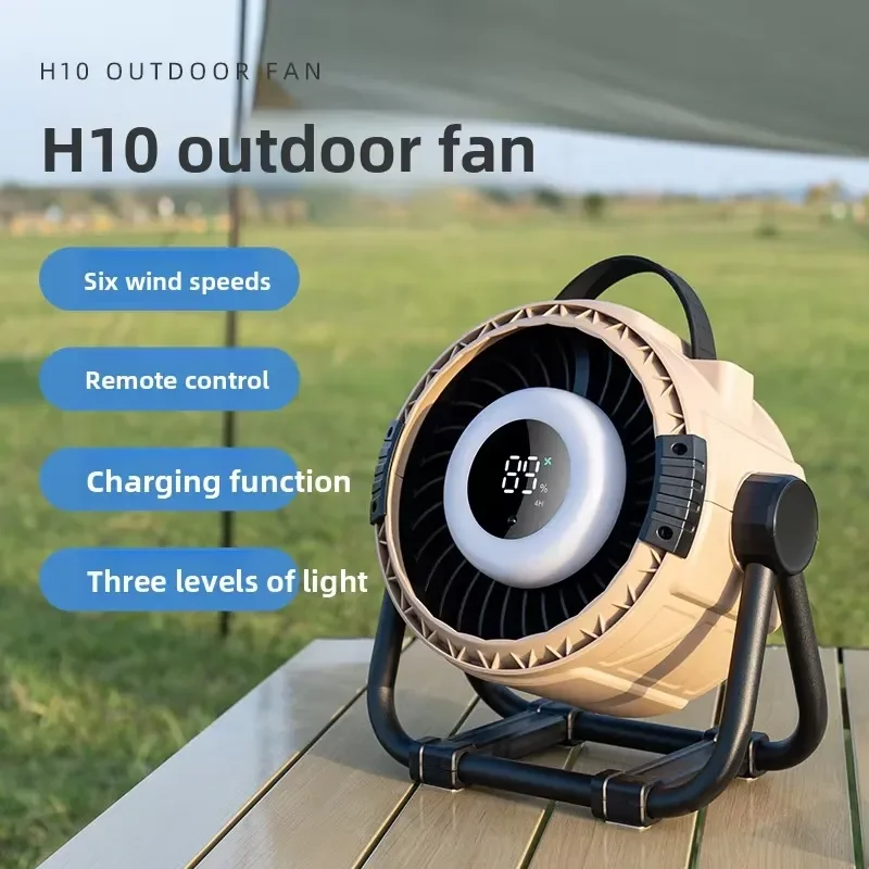 Camping fan with LED lighting and rechargeable battery