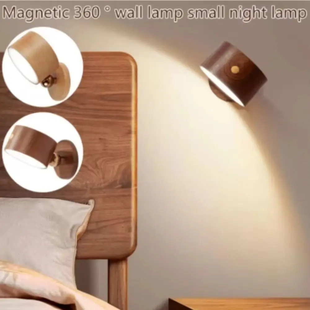 

360° Rotating Wooden Wall Mounted Lamp Dimmable Touch Control LED Wall Sconce Magnetic Mountin Double-sided Magnetic Night Light