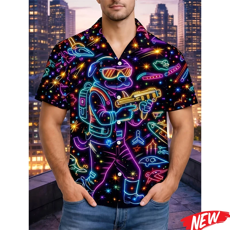 

Cartoon Cat Dog Pattern Shirt For Men Button Short Sleeve Spring Summer Beach Lapel Shirt 3d Printing Animal Hawaiian Shirts