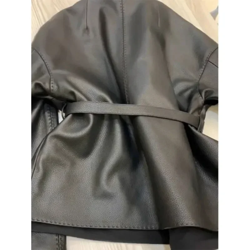 Long Leather Jacket for Women in Autumn Super Cool Personality Loose and Slim Lace-up PU Leather Windbreaker Long-sleeved Jacket