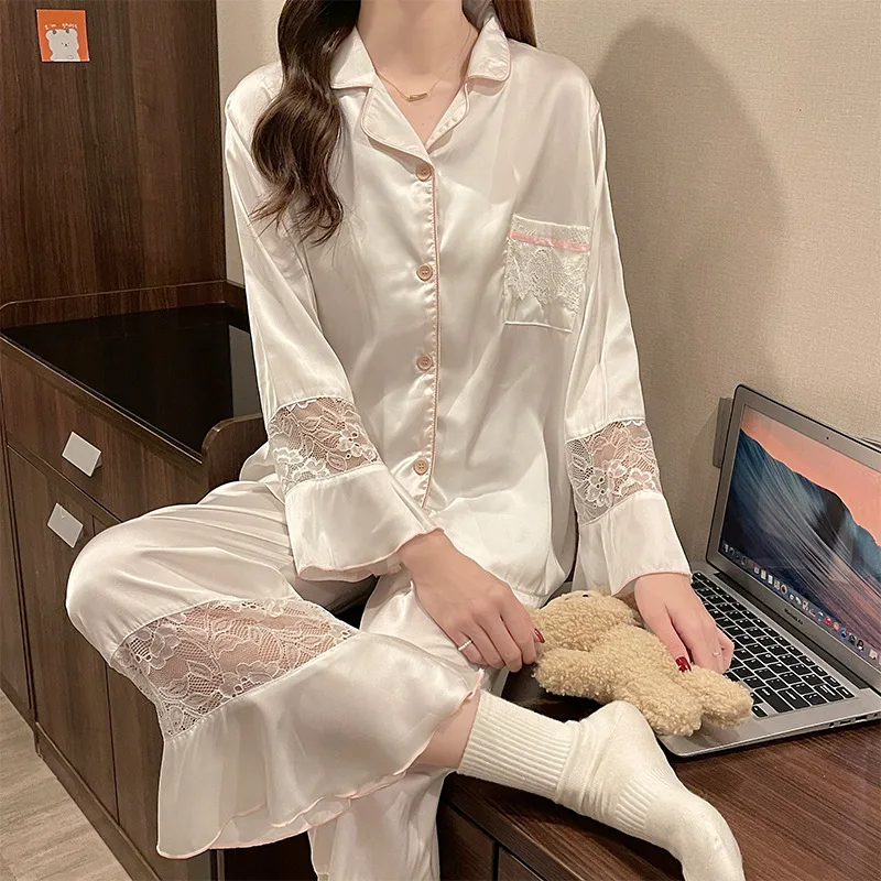 White Flare Sleeve Lace Pajamas Set Women Turn Down Collar Sleepwear Satin Silk Homeclothes Ladies Long 2Pcs Pyjamas Nightwear