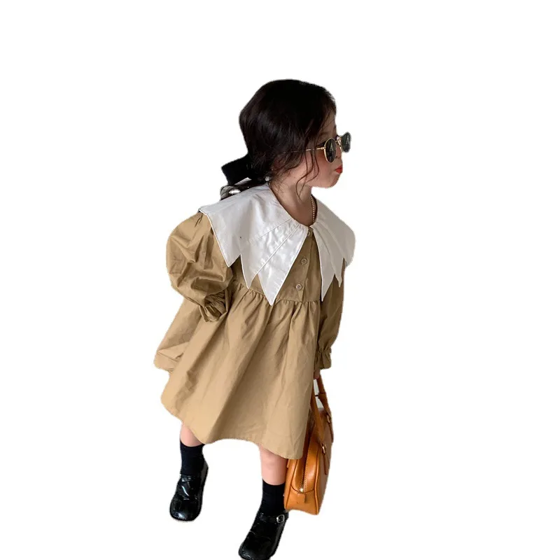 Girl Dress Spring 2024 New Retro Van Doll Pointed Collar Girl\'s Dress Long Sleeve Khaki Princess Dress Sweet Casual Dress