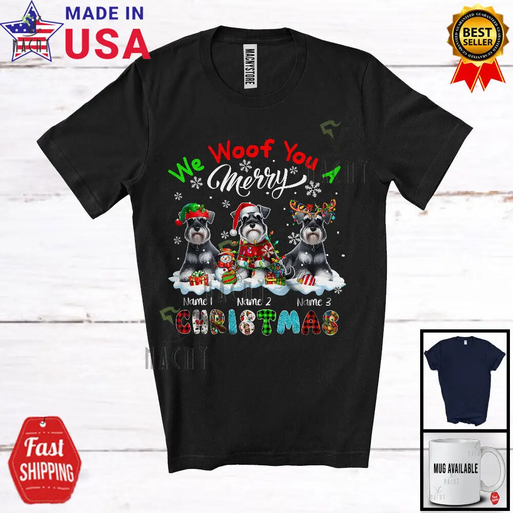 We Woof You A Merry Christmas; Lovely Plaid Schnauzers Custom Name T-Shirt