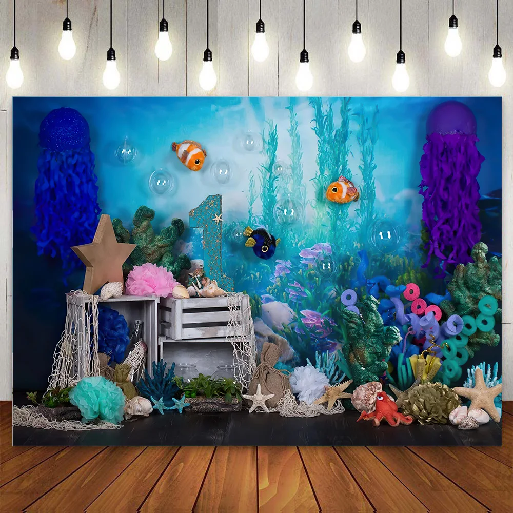 

Under the Sea Photography Backdrop 1st First Birthday One Year Old Party Background for Girls Princess Wall Poster Decor Banner