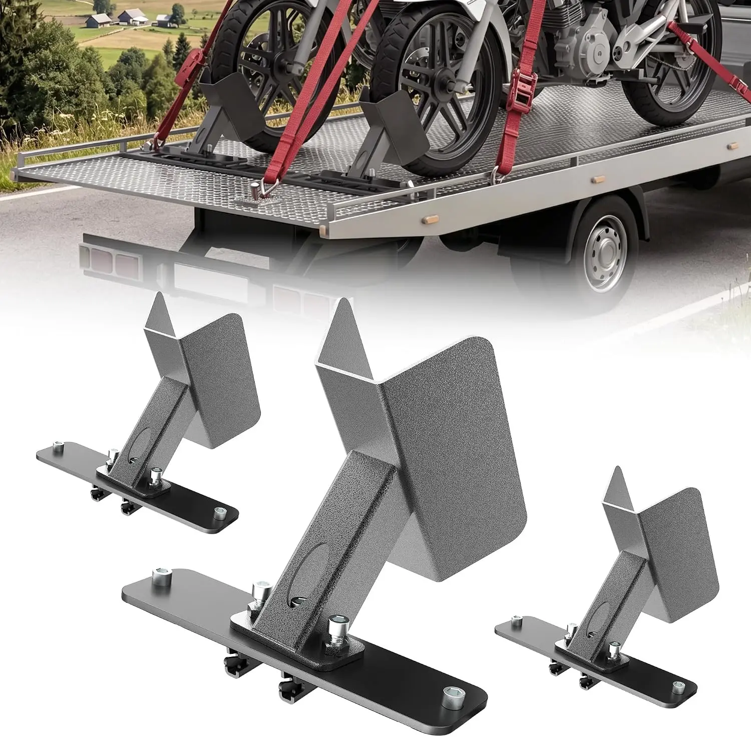 E-Track Dirt Bike Wheel Chock Multi-Angle Adjustment Fits Floor or Wall E-Track, Heavy-Duty Accessory for Trailers Dirt Bikes Bi