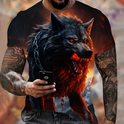 Summer Men's Lightweight Fitness Sports T-Shirt Cool Fire Wolf Graphic 3D Print Short Sleeve Casual Loose Streetwear Men's Tops