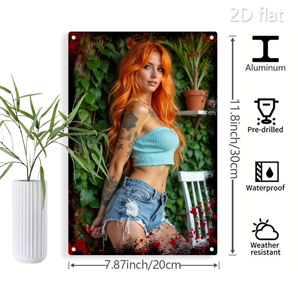 2D Flat Aluminum Wall Art Fashion Red Dress Lady with Green Plant, Pre-Drilled Holes for Easy Hanging, Home Office Festival Deco