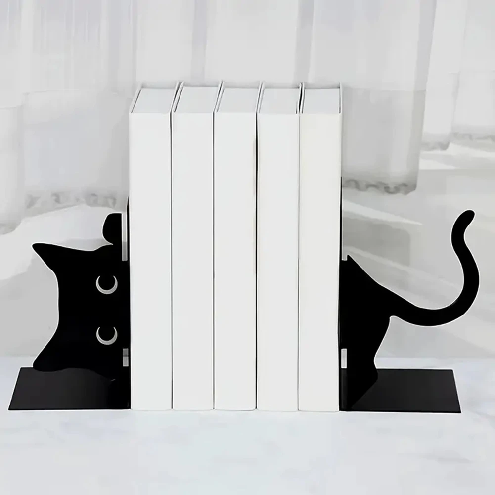 Hot Selling-1 Pair Metal Bookends Whimsical Cat Design Decorative Bookends Rounded Edges Book Holders Office Library Decoration,