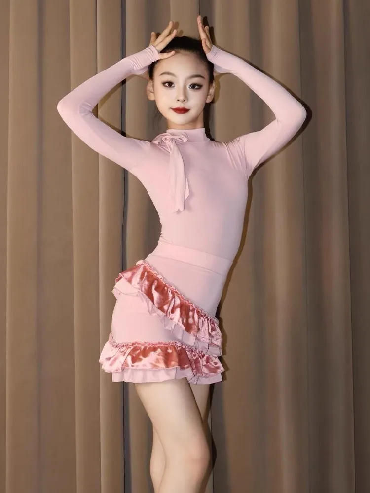 뉴 키즈 슬리밍 하이넥 탑 스커트 라틴 댄스 드레스 공연 의상 스플릿 슈트 차차 댄스 연습복 DQL11955