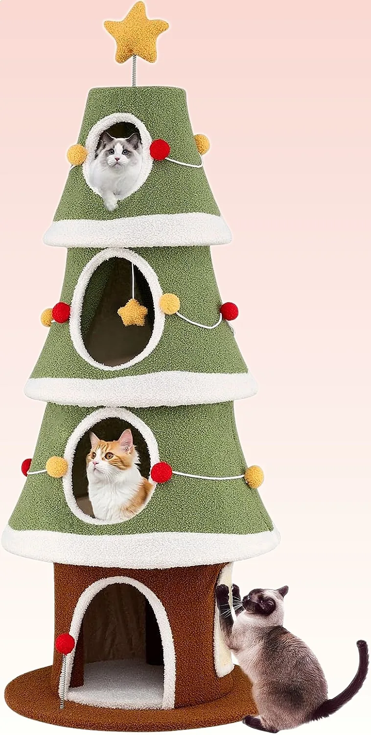 

PETSITE 61" Christmas Cat Tree Tower with 4 Condos, Sisal Board, Toys for Indoor Cats