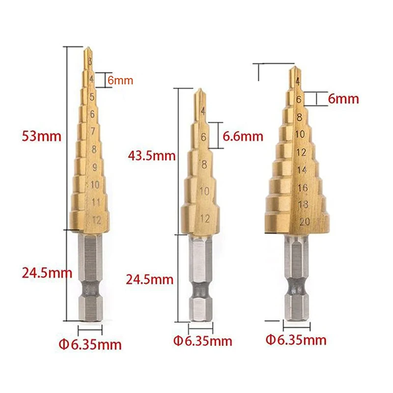 Broca escalonada de 3-12mm, 4-12mm, 4-20mm, 4-32mm, HSS, ranura recta, cortador de agujeros de Metal y madera recubierta de Titanio, juego de