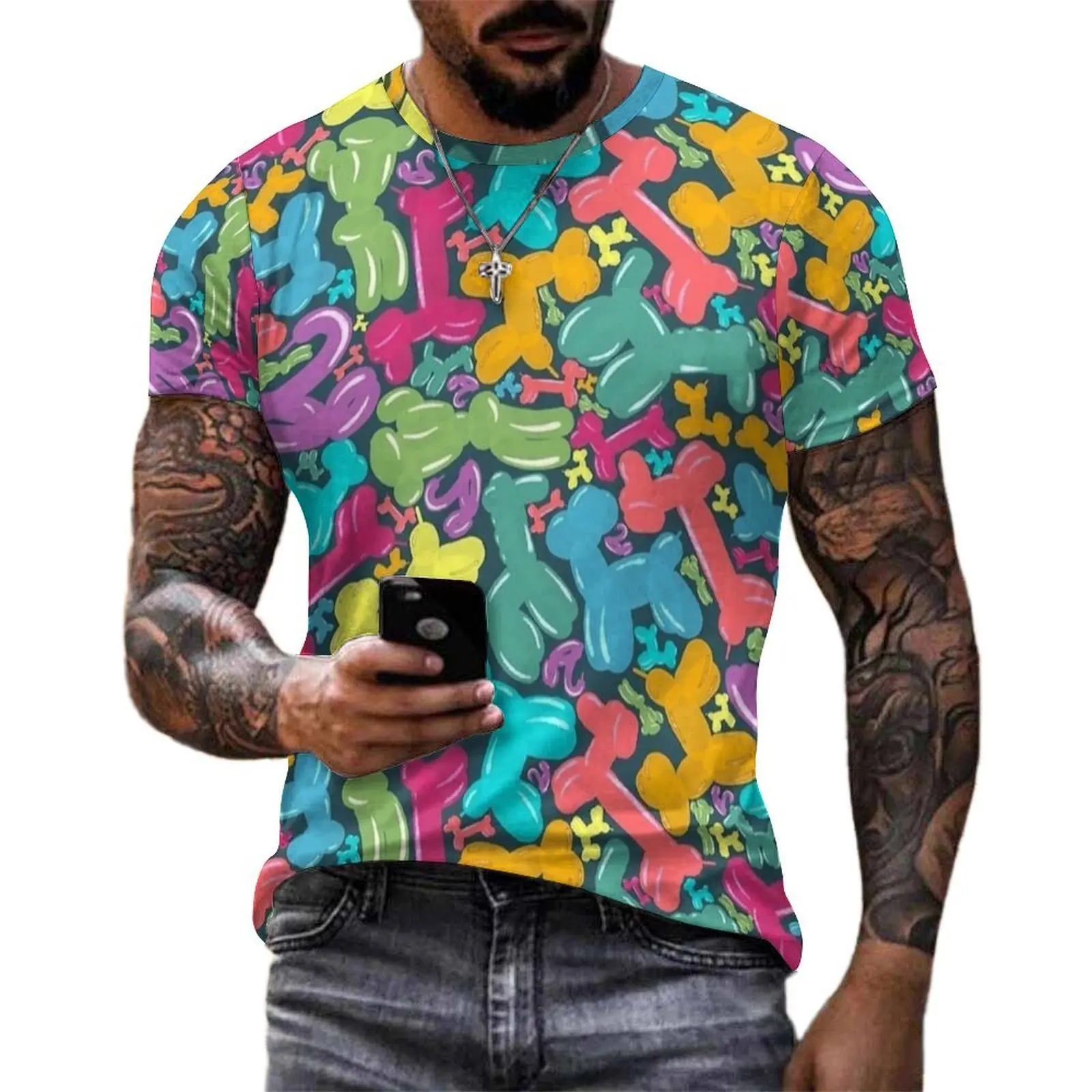 Oversize T-Shirt Summer Multicolor Balloon Dog Dark Print T-Shirts  Basic O Neck Tee Shirt Man Harajuku Custom Tops