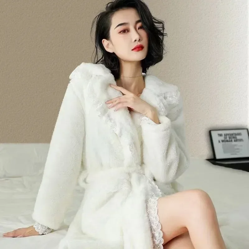 Women Dressing Gown Autumn Winter Thicken Warm Female Coral Velvet Pajama Dress Long Outer Loungewear Set V-neck Lace Edge Robes