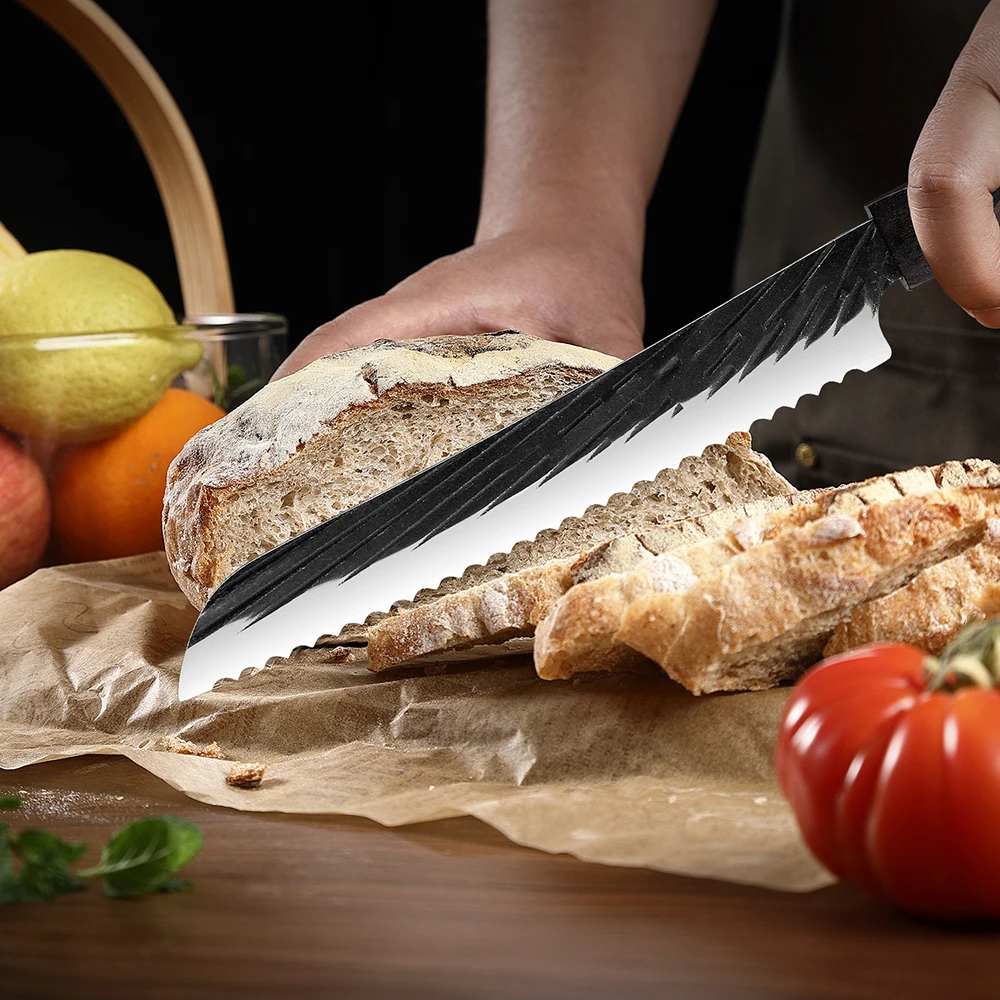Cuchillo de pan forjado hecho a mano, rebanador de queso japonés de 8 pulgadas, cuchillo dentado para pastel, acero inoxidable de alto carbono, mango de ébano
