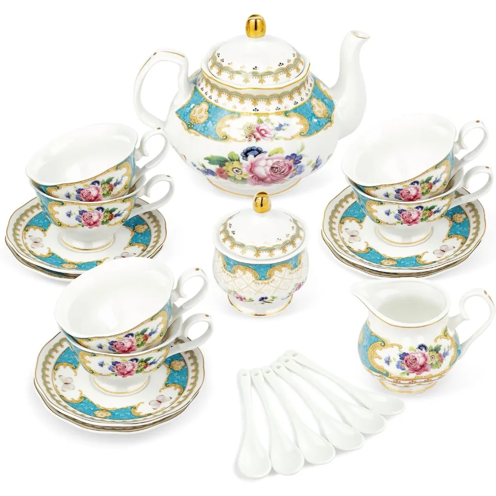 

Tea Gift Set Coffeeware Teaware 21-piece European Porcelain Tea Set Cup and Plate Service for 6 People Matcha Tools Kitchen Bar