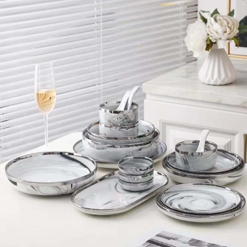 

Marble Ceramic Plates With Silver Steak Serving Tray Bowls Ins Dinner Dish Porcelain Dinnerware Set For Family Hotel