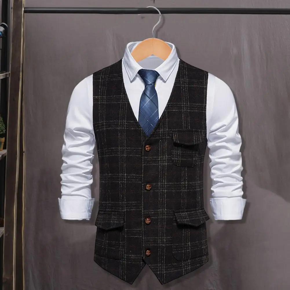 Men Waistcoat Male Business Waistcoat Plaid Print Retro Men's Business Waistcoat Single Breasted Slim Fit Vest Coat for Work